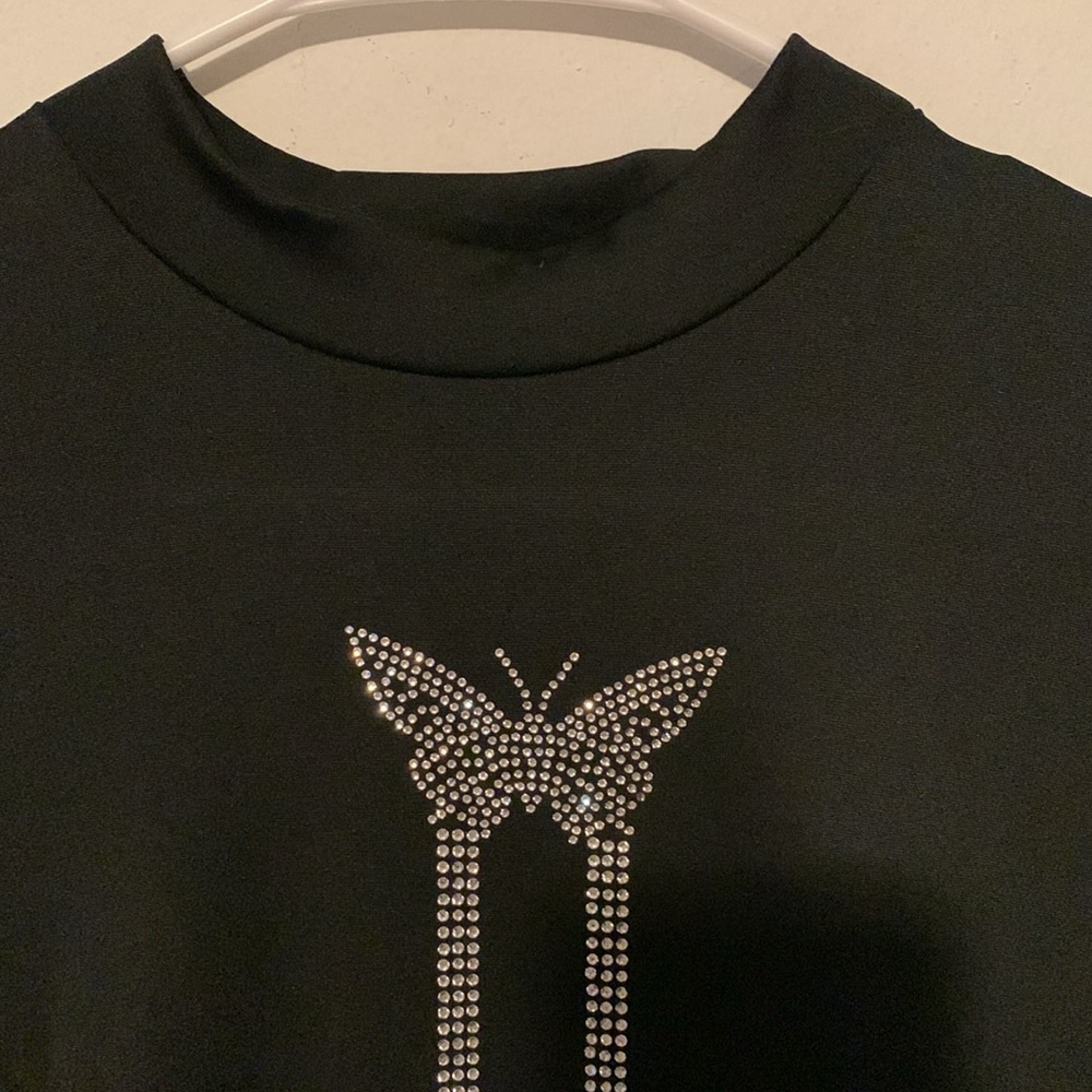 Black Cold Shoulder Rhinestone Blouse - Picture 2 of 7